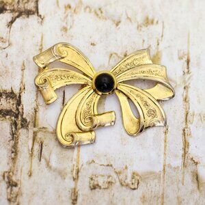 Vintage Gold Tone Intricate Ribbon Black Bead Brooch - B19